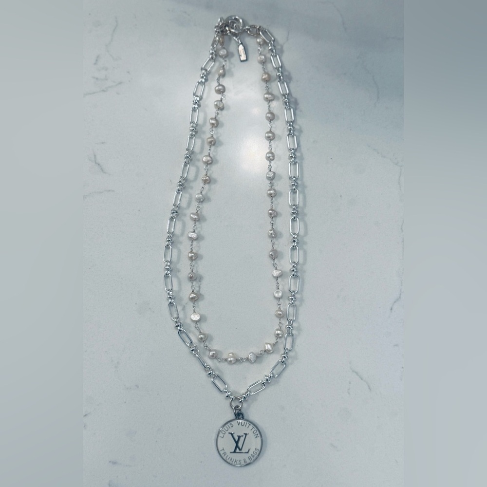 2 Strand Paperclip & Freshwater Pearl Necklace w/ 1” White Louis Vuitton Pendant